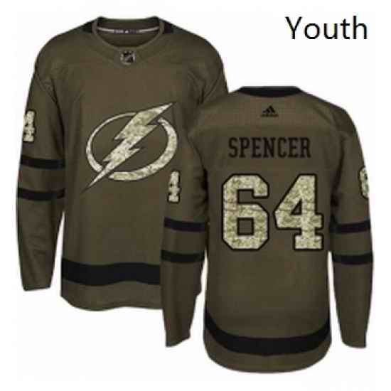 Youth Adidas Tampa Bay Lightning 64 Matthew Spencer Authentic Green Salute to Service NHL Jersey